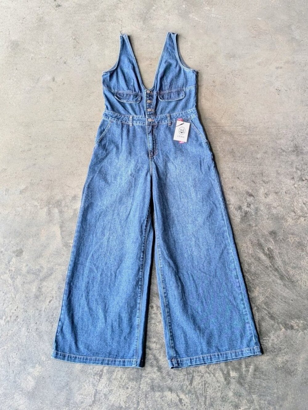 Cider Blue Denim V-Neck Button Front Wide Leg Jumpsuit with Pockets size XL NWT
